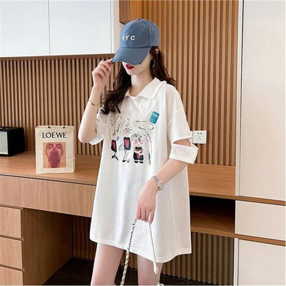 美人度アップ 折り襟 可愛いウサギちゃん プリントロング Tシャツ ゆったり半袖 ＜U-2956＞