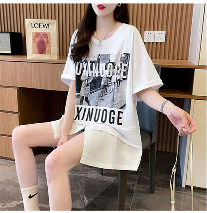 絶対流行 レイヤード風 レース プリント全2色 半袖Tシャツ<U-8821>