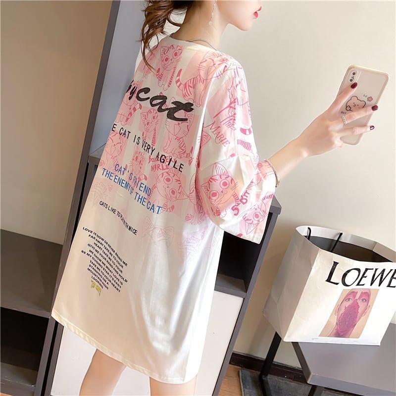 【半額！期間限定！！】大好評 プリント 猫柄 ロング Tシャツ 四色 ゆったりワンピース ＜U-4017＞
