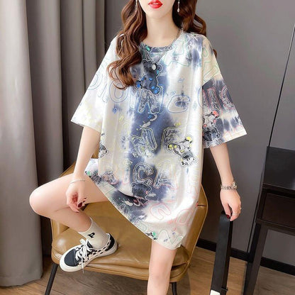大好評 絞り染め クマ柄 ロング Tシャツ ゆったり半袖 ＜U-3990＞