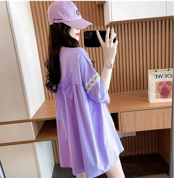 着心地良い レース切り替え リボン プリントTシャツ ゆったり半袖＜U-2889＞