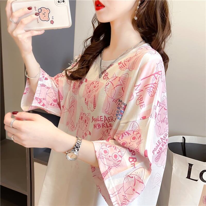 【半額！期間限定！！】大好評 プリント 猫柄 ロング Tシャツ 四色 ゆったりワンピース ＜U-4017＞