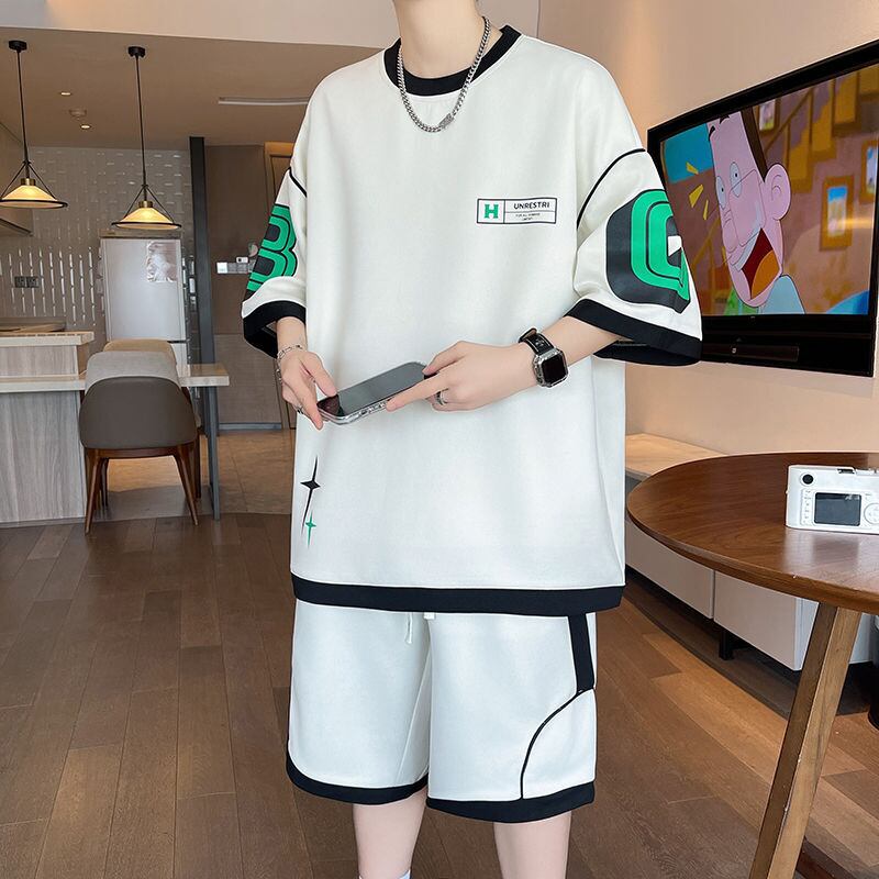 早い者勝ち カジュアル ファッション 切り替え 全3色 半袖Ｔシャツⅹパンツセット<U-8950>