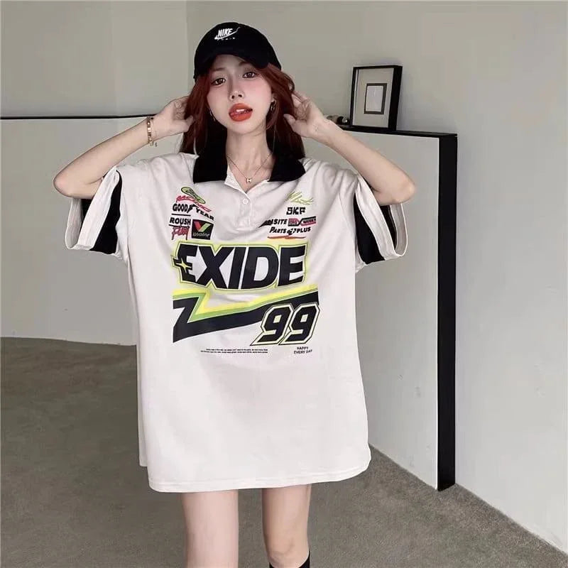 韓国系 オーバーサイズ POLOネック グラフィック ロング Tシャツ 三色 ゆったりワンピース＜U-4025＞