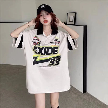 韓国系 オーバーサイズ POLOネック グラフィック ロング Tシャツ 三色 ゆったりワンピース＜U-4025＞