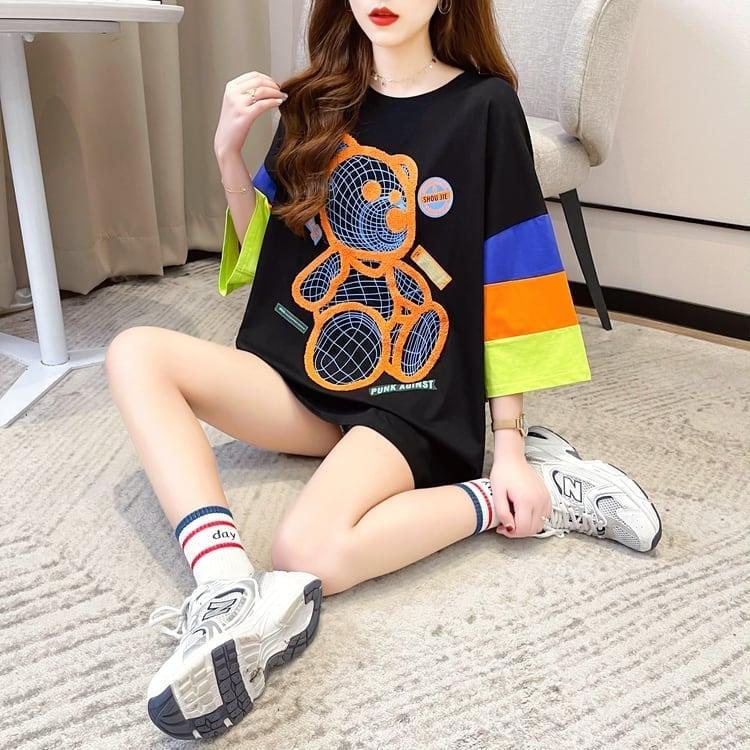 超人気商品 カラーマッチング ベアー柄 切り替え プリント ロング Tシャツ ゆったりワンピース ＜U-4024＞