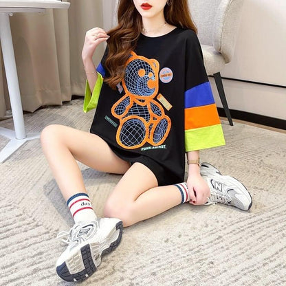 超人気商品 カラーマッチング ベアー柄 切り替え プリント ロング Tシャツ ゆったりワンピース ＜U-4024＞
