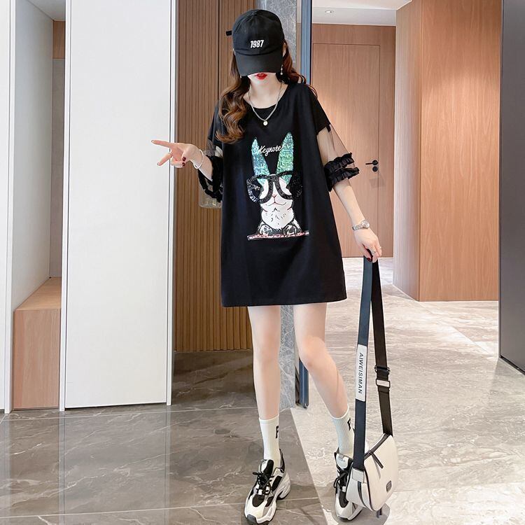 着回し力抜群 チュール 新作 切り替え ピンク プリント スパンコール プリント全3色 半袖Tシャツ カットソー ＜U-8557＞