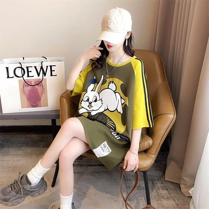 好感度UP グラフィック ストライプ柄 ラグランTシャツ ゆったり ワンピース＜U-3994＞