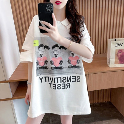夏新作 アルファベットプリント POLOネック ロング Tシャツ ゆったりワンピース ＜U-3038＞