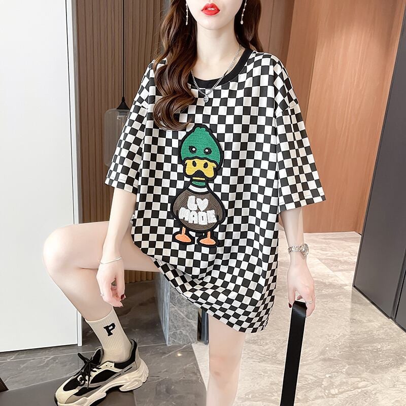 新商品 プリントTシャツ チェック柄 ゆったり半袖＜U-8694＞