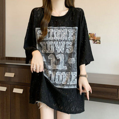 超人気 アバンギャルド 絶対流行 レース プリント全2色 半袖Tシャツ<U-8798>