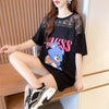 ファッションデザインレースミドル丈半袖Tシャツ<U-3017>