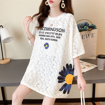 【半額！期間限定！！】美人度アップ 大好評 レース 透かし彫り プリント 半袖Tシャツ カットソー ＜isf-8624＞