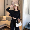 韓国風ファッション カジュアル ?感?佳 全2色 長袖Tシャツ＆ハイウエストワイドレッグパンツのセットアップ<U-9103>
