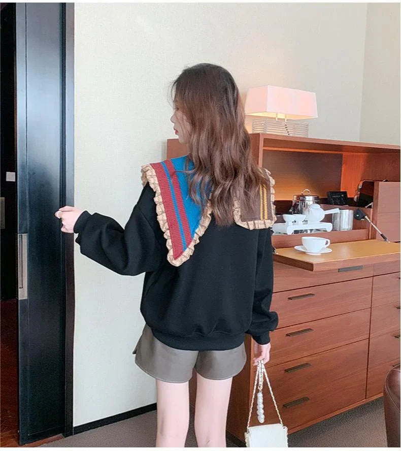 【秋の初めの割引！！】好感度UP フリル 折り襟 二色 配色 スウェット長袖Tシャツ＜U-3999＞
