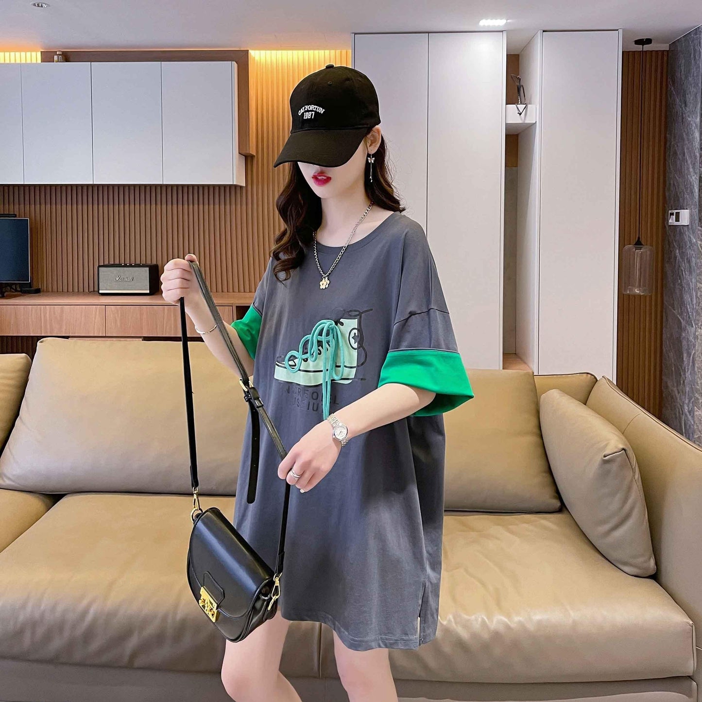 韓国系 プリント ラウンドネック ロング Tシャツ ゆったり半袖 ＜U-2988＞