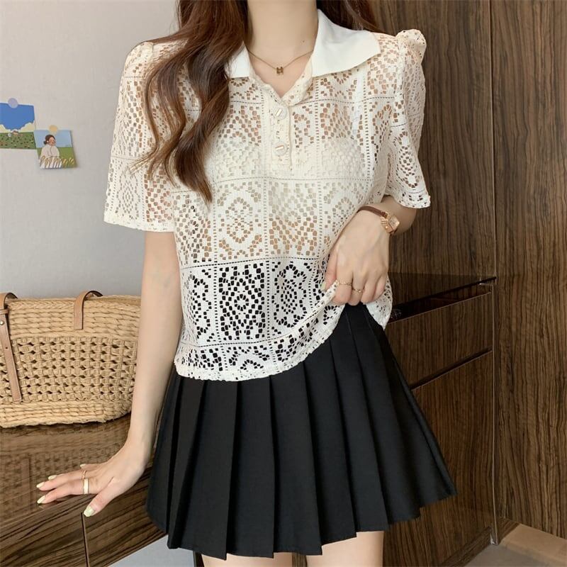 ファッション 透かし彫り 美人度アップ POLOネック Tシャツ カットソー＜U-3234＞