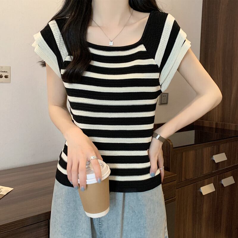 今季マストバイ ファッション カジュアル エレガント ストライプ柄 Tシャツ<U-8339>