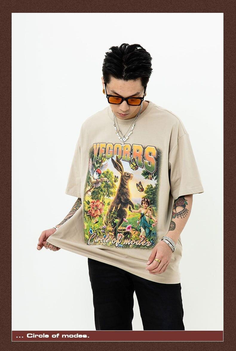 アメリカンレトロ絵画ウサギ半袖Tシャツカップル男女同スタイル<U-2910>