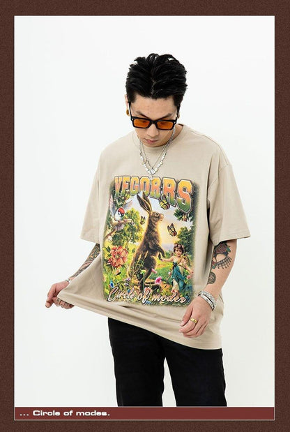 アメリカンレトロ絵画ウサギ半袖Tシャツカップル男女同スタイル<U-2910>