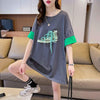 韓国系 プリント ラウンドネック ロング Tシャツ ゆったり半袖 ＜U-2988＞