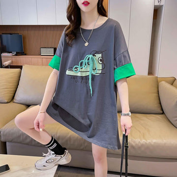 韓国系 プリント ラウンドネック ロング Tシャツ ゆったり半袖 ＜U-2988＞