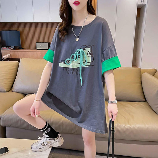韓国系 プリント ラウンドネック ロング Tシャツ ゆったり半袖 ＜U-2988＞