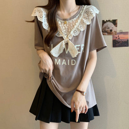 超人気 レース スウィート 切り替え プリント 3色選択 半袖Tシャツ＜U-8825＞