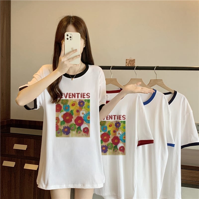着?せ 配色 プリント ロング Tシャツ 四色 ゆったり半袖 ＜U-3019＞