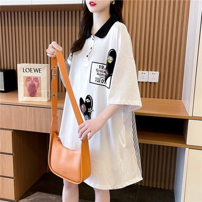 POLOネック 切り替え ストライプ柄 ロング Tシャツ ゆったりワンピース ＜U-3031＞