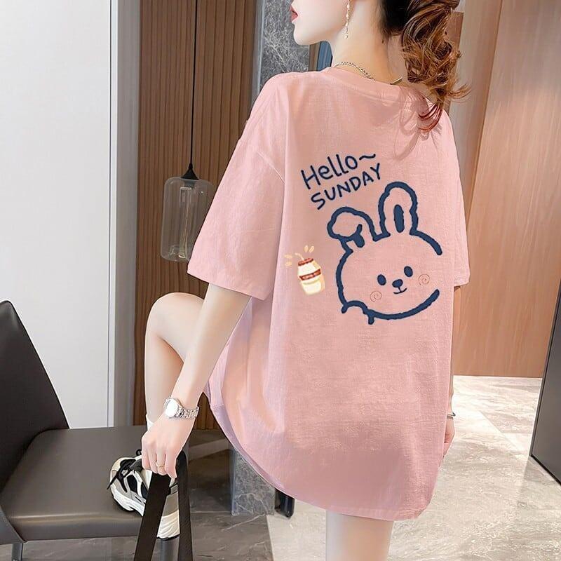 韓国系 アルファベット 可愛いウサギちゃん プリントTシャツ ゆったり半袖＜U-2969＞