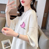 可愛いピンク月柄 Tシャツ 刺?入り 丸襟 半袖＜U-2832＞