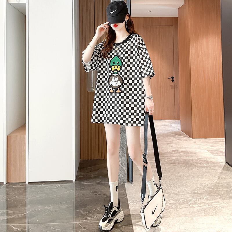 新商品 プリントTシャツ チェック柄 ゆったり半袖＜U-8694＞