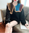 【秋の初めの割引！！】好感度UP フリル 折り襟 二色 配色 スウェット長袖Tシャツ＜U-3999＞