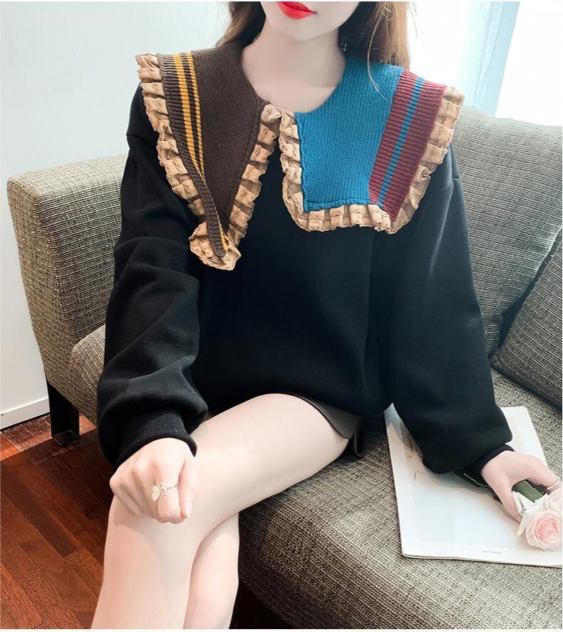【秋の初めの割引！！】好感度UP フリル 折り襟 二色 配色 スウェット長袖Tシャツ＜U-3999＞
