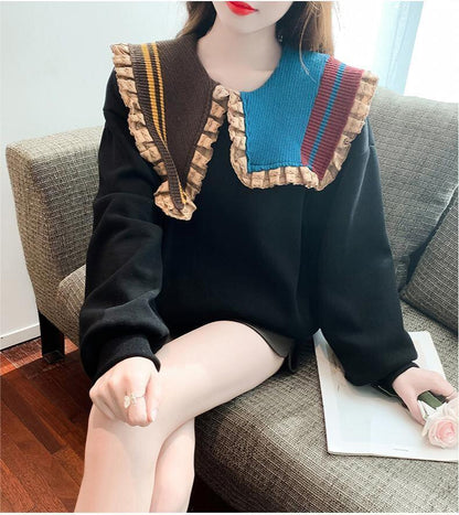 【秋の初めの割引！！】好感度UP フリル 折り襟 二色 配色 スウェット長袖Tシャツ＜U-3999＞
