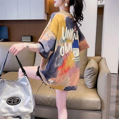 売り切れ必至 絞り染め ファッション プリント 2色選択 半袖Tシャツ＜U-8573＞