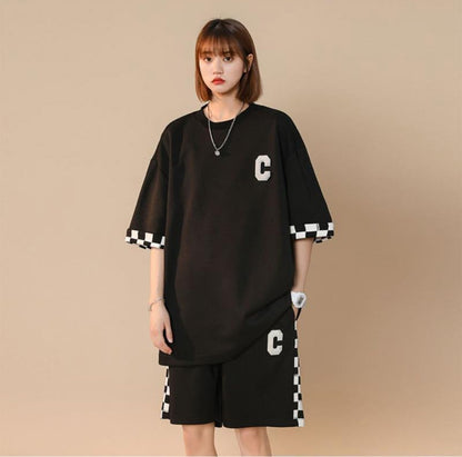 超人気  ルーズ アメリカンスタイルのカジュアルなクロップドジャケット<U-5164> 半袖Ｔシャツⅹパンツセット全2色 <U-8209>