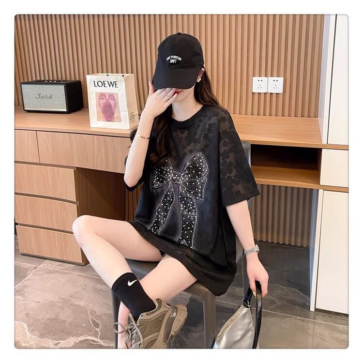 大人可愛い リボン カジュアル デザイン ゆったり 半袖 Tシャツ＜U-8659＞