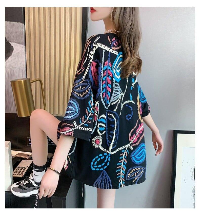 韓国系 ロング 刺繍 Tシャツ 三色 ゆったり半袖 ＜U-2847＞