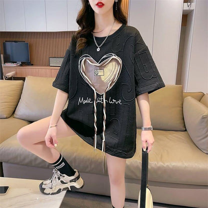 着心地良い ハート 立体風 プリントTシャツ 三色 ゆったり半袖＜U-2933＞