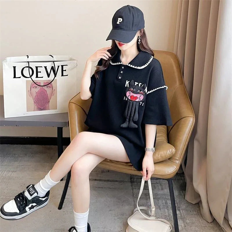 美人度アップ 折り襟 ワッフル ぬいぐるみ付き ロング Tシャツ ゆったり半袖 ＜U-2930＞