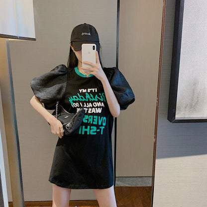 話題沸騰中 パフスリーブ ファッション プリント 全2色 半袖 Tシャツ <U-8662>
