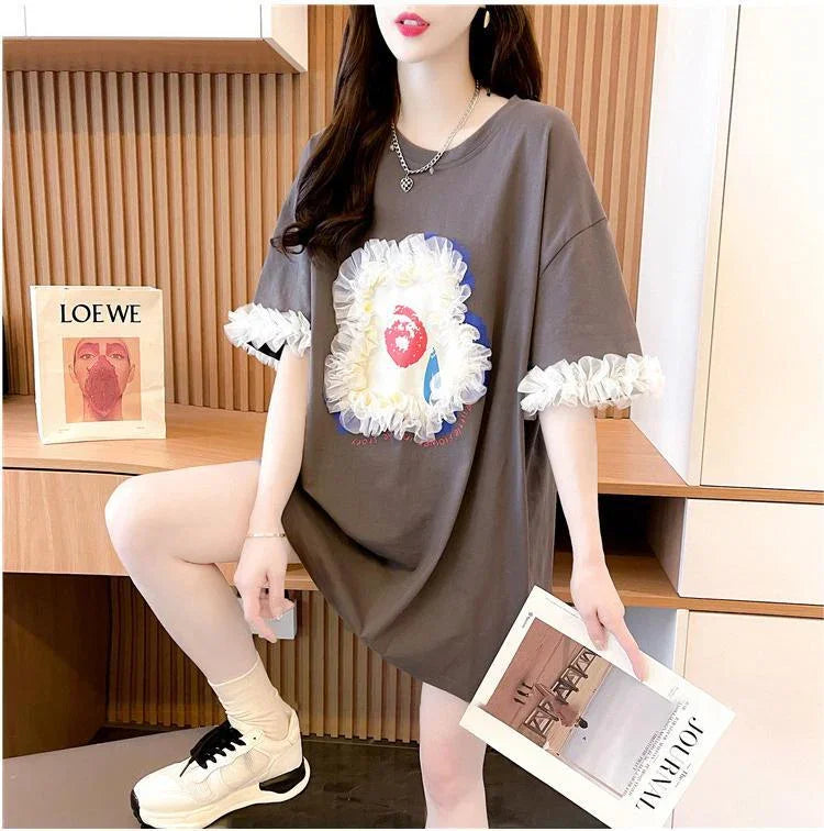デザインセンスレースステッチTシャツ半袖新しいスタイル<U-2932>