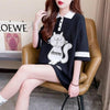 韓国系 猫柄 POLOネック ロング プリントTシャツ ゆったり半袖 ＜U-2894＞