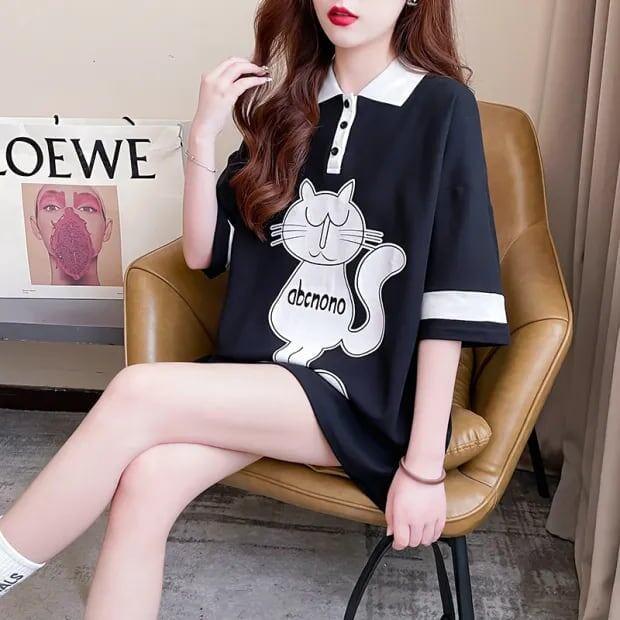 韓国系 猫柄 POLOネック ロング プリントTシャツ ゆったり半袖 ＜U-2894＞