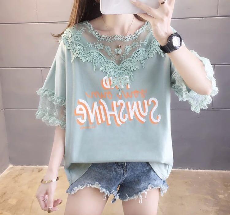 エレガントなレースステッチ半袖Tシャツ<U-3030>