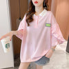 おすすめ POLOネック シンプル フリル ロング Tシャツ 三色 ゆったり半袖 ＜U-3055＞