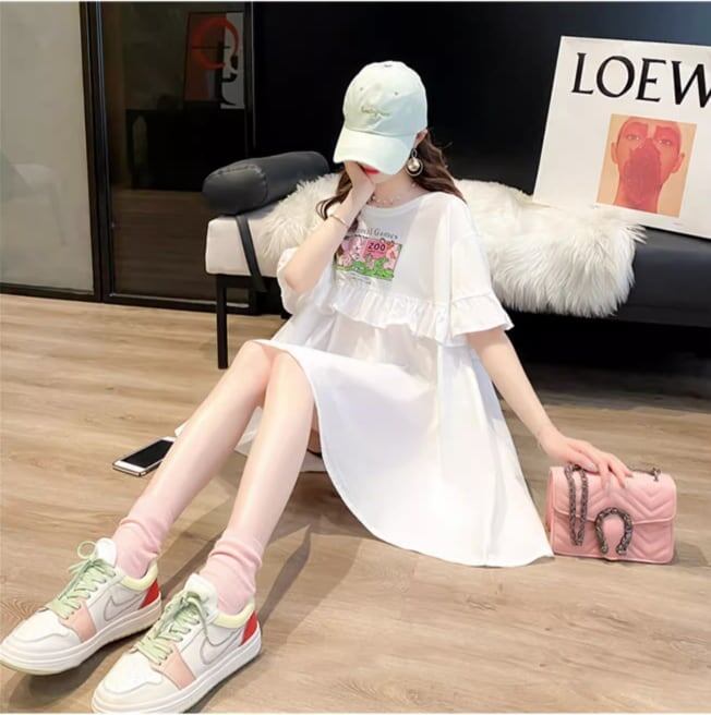 ミドル丈のイレギュラー半袖Tシャツワンピース<U-5007>